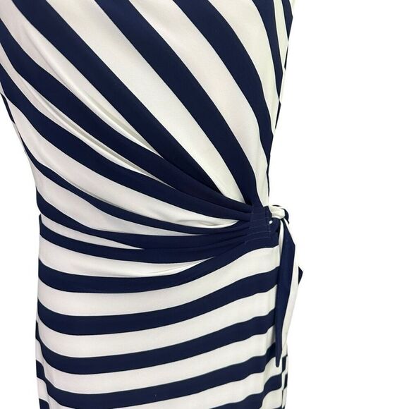 Ralph Lauren Navy White Striped Cap Sleeve Ruched Waist Drape Neck Dress sz‎ 12 - Picture 3 of 12